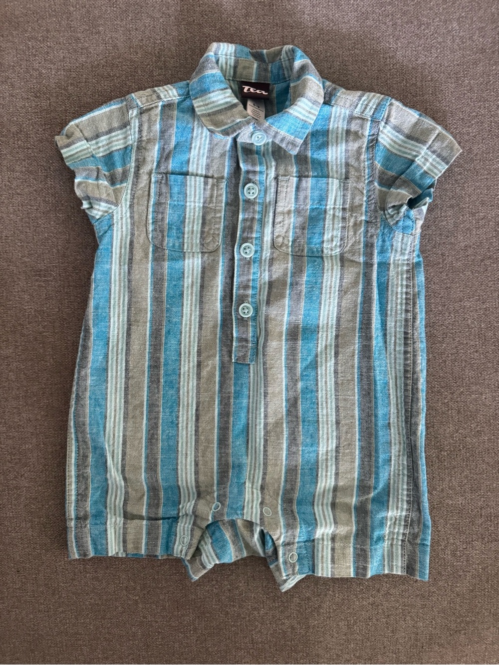 Tea Collection Linen Ocean Stripe Button Romper Size 6-9 Months